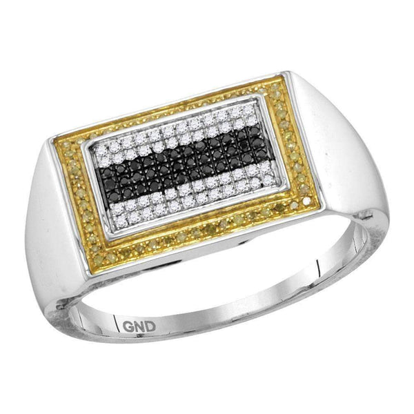 10kt White Gold Men's Round Black Yellow Color Enhanced Diamond Rectangle Cluster Ring 1/4 Cttw - FREE Shipping (US/CAN)-Gold & Diamond Rings-8-JadeMoghul Inc.