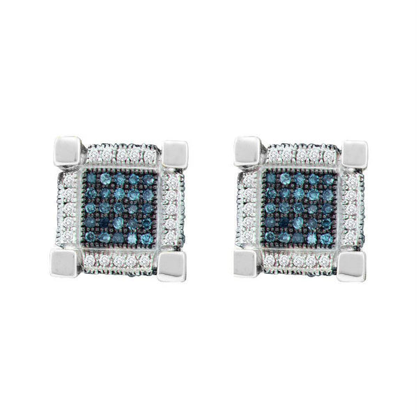 10kt White Gold Mens Round Blue Color Enhanced Diamond 3D Cube Square Earrings 3-4 Cttw-Gold & Diamond Men Earrings-JadeMoghul Inc.