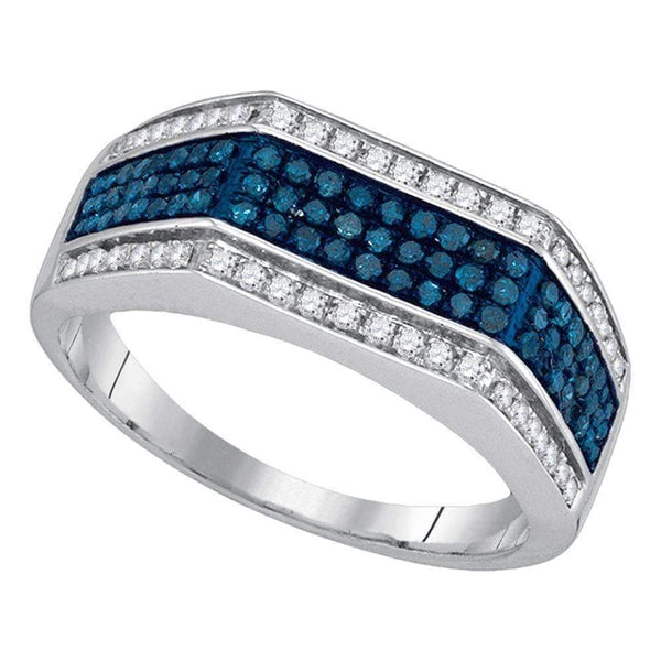10kt White Gold Men's Round Blue Color Enhanced Diamond Triple Stripe Flat Surface Band 3/4 Cttw - FREE Shipping (US/CAN)-Men's Rings-8-JadeMoghul Inc.