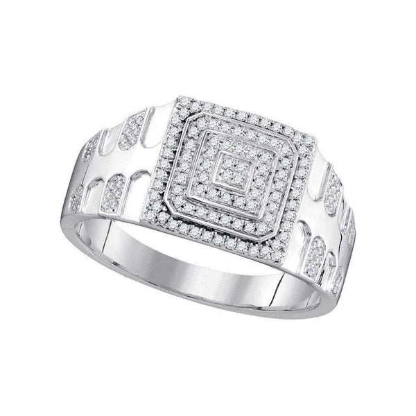 10kt White Gold Men's Round Diamond Square Frame Cluster Textured Ring 1/3 Cttw - FREE Shipping (US/CAN)-Gold & Diamond Men Rings-8-JadeMoghul Inc.