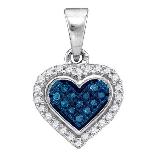 10kt White Gold Women's Blue Color Enhanced Diamond Cluster Small Heart Pendant 1/8 Cttw-Gold & Diamond Pendants & Necklaces-JadeMoghul Inc.