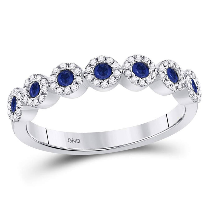 10kt White Gold Women's Blue Sapphire Diamond Dot Band Ring 1/2 Cttw-Gold & Diamond Rings-JadeMoghul Inc.