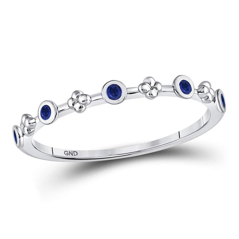 10kt White Gold Women's Blue Sapphire Dot Flower Stackable Band Ring 1/12 Cttw-Gold & Diamond Rings-JadeMoghul Inc.