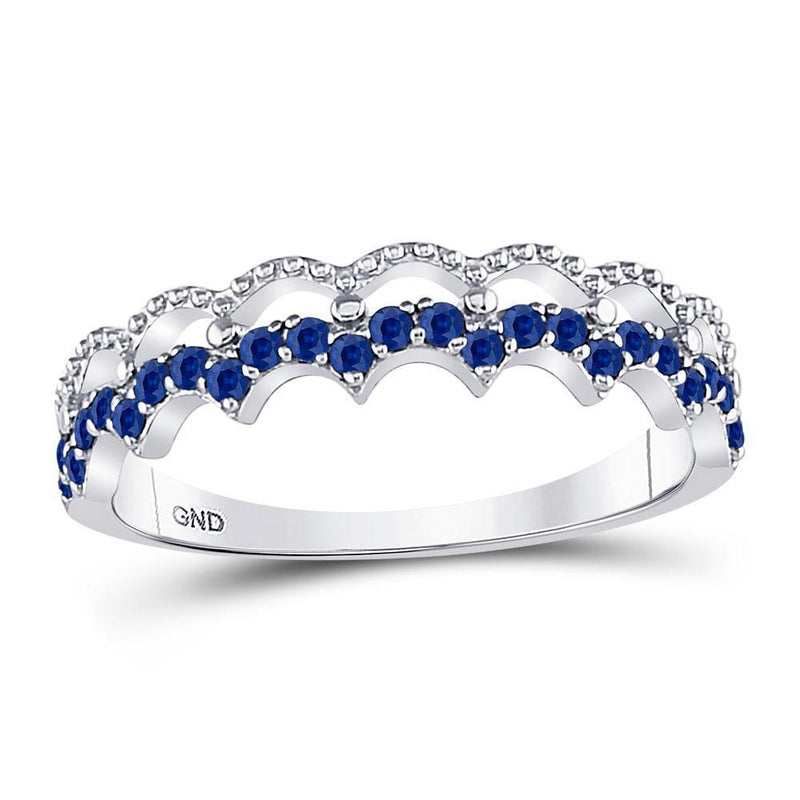 10kt White Gold Women's Blue Sapphire Scalloped Stackable Band Ring 1/4 Cttw-Gold & Diamond Rings-JadeMoghul Inc.