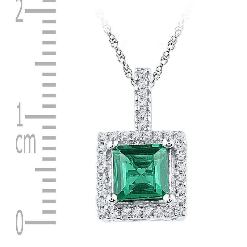 10kt White Gold Women's Cushion Lab-Created Emerald Solitaire & Diamond Pendant 1-3-8 Cttw - FREE Shipping (US/CAN)-Gold & Diamond Pendants & Necklaces-JadeMoghul Inc.