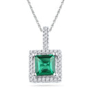 10kt White Gold Women's Cushion Lab-Created Emerald Solitaire & Diamond Pendant 1-3-8 Cttw - FREE Shipping (US/CAN)-Gold & Diamond Pendants & Necklaces-JadeMoghul Inc.