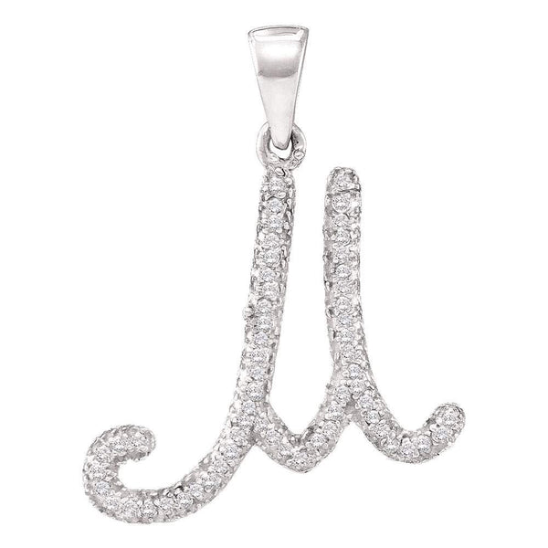 10kt White Gold Women's Diamond Cursive Letter M Initial Pendant 1/6 Cttw-Gold & Diamond Pendants & Necklaces-JadeMoghul Inc.
