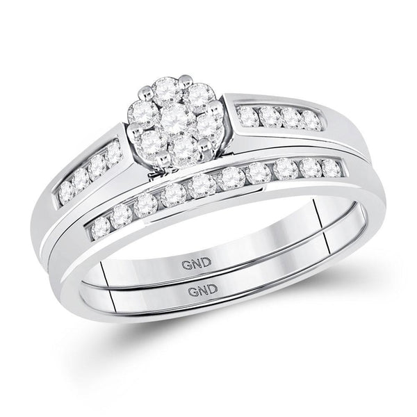 10kt White Gold Women's Diamond Flower Cluster Bridal Wedding Ring Set 1/2 Cttw-Gold & Diamond Wedding Jewelry-JadeMoghul Inc.