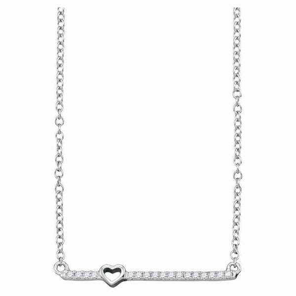 10kt White Gold Women's Diamond Heart Bar Pendant Chain Necklace 1/10 Cttw-Gold & Diamond Pendants & Necklaces-JadeMoghul Inc.