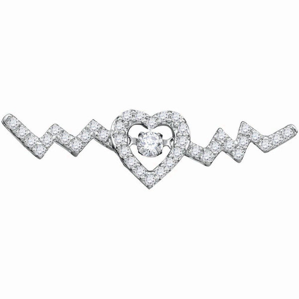 10kt White Gold Women's Diamond Twinkle Moving Solitaire Heartbeat Heart Necklace 1/3 Cttw-Gold & Diamond Pendants & Necklaces-JadeMoghul Inc.