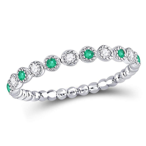 10kt White Gold Women's Emerald Diamond Dot Stackable Band Ring 1/6 Cttw-Gold & Diamond Rings-JadeMoghul Inc.