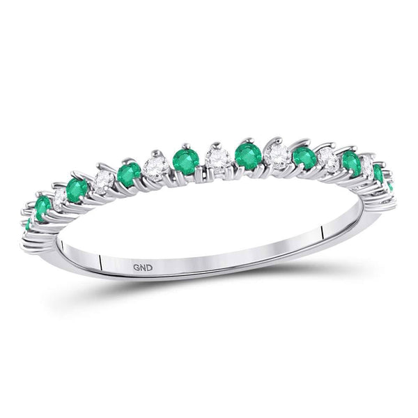 10kt White Gold Women's Emerald Diamond Single Row Stackable Band Ring 1/5 Cttw-Gold & Diamond Rings-JadeMoghul Inc.