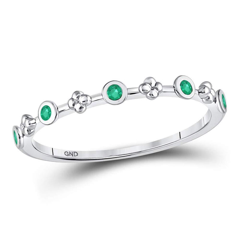 10kt White Gold Women's Emerald Dot Flower Stackable Band Ring 1/12 Cttw-Gold & Diamond Rings-JadeMoghul Inc.