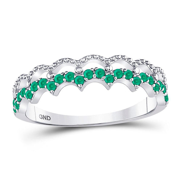 10kt White Gold Women's Emerald Scalloped Stackable Band Ring 1/4 Cttw-Gold & Diamond Rings-JadeMoghul Inc.