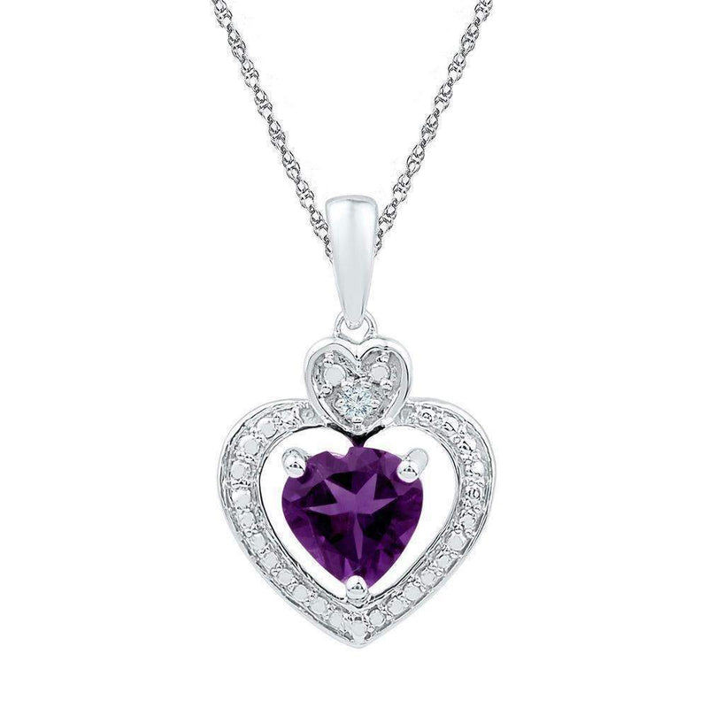 10kt White Gold Womens Heart Lab-Created Amethyst Heart & Diamond Pendant 3-4 Cttw-Gold & Diamond Pendants & Necklaces-JadeMoghul Inc.