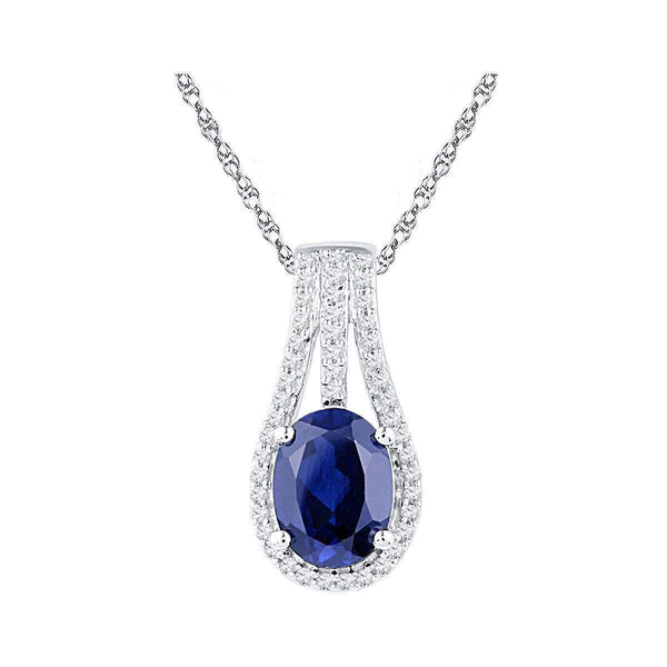 10kt White Gold Women's Oval Lab-Created Blue Sapphire Solitaire Diamond Pendant 1-3-4 Cttw - FREE Shipping (US/CAN)-Gold & Diamond Pendants & Necklaces-JadeMoghul Inc.