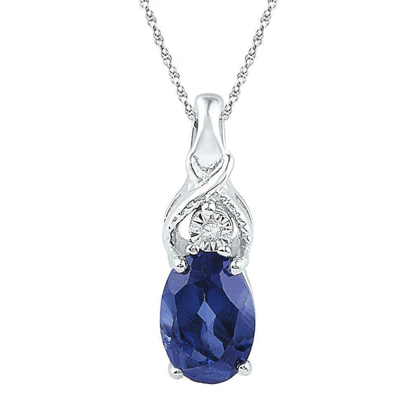 10kt White Gold Womens Oval Lab-Created Blue Sapphire Solitaire Diamond Pendant 7-8 Cttw-Gold & Diamond Pendants & Necklaces-JadeMoghul Inc.