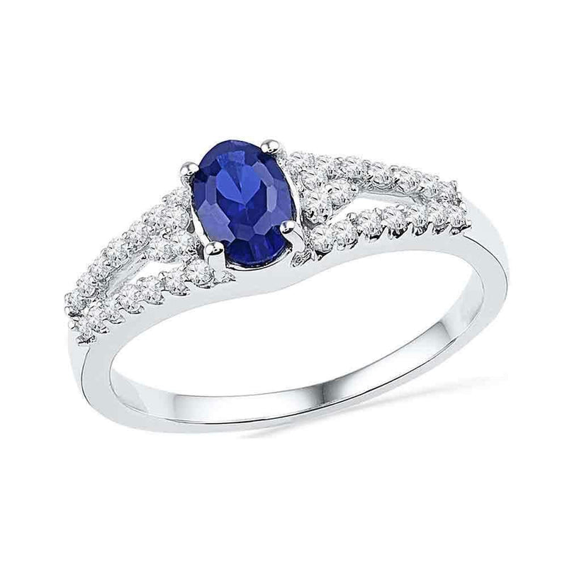 10kt White Gold Women's Oval Lab-Created Blue Sapphire Solitaire Diamond Ring 1.00 Cttw - FREE Shipping (US/CAN)-Gold & Diamond Fashion Rings-5-JadeMoghul Inc.