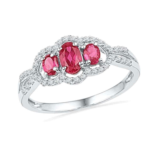 10kt White Gold Women's Oval Lab-Created Ruby 3-stone Diamond Frame Ring 7/8 Cttw - FREE Shipping (US/CAN)-Gold & Diamond Fashion Rings-5-JadeMoghul Inc.