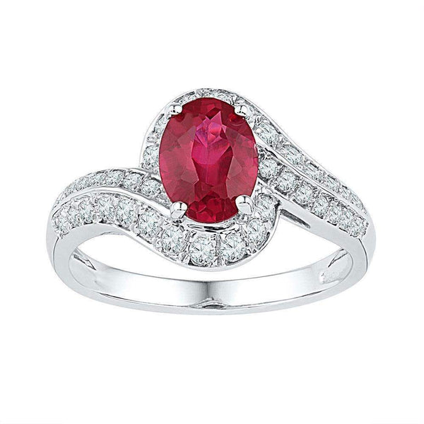 10kt White Gold Womens Oval Lab-Created Ruby Solitaire Ring 2.00 Cttw-Gold & Diamond Fashion Rings-JadeMoghul Inc.