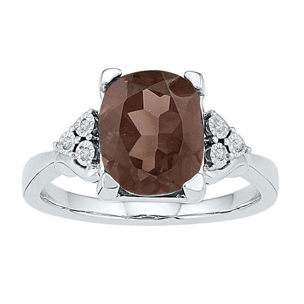 10kt White Gold Womens Oval Lab-Created Smoky Quartz Solitaire Ring .03 Cttw-Gold & Diamond Fashion Rings-8-JadeMoghul Inc.