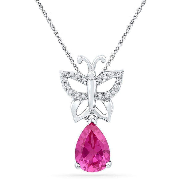 10kt White Gold Women's Pear Lab-Created Pink Sapphire Butterfly Bug Pendant 2-3-4 Cttw - FREE Shipping (US/CAN)-Gold & Diamond Pendants & Necklaces-JadeMoghul Inc.