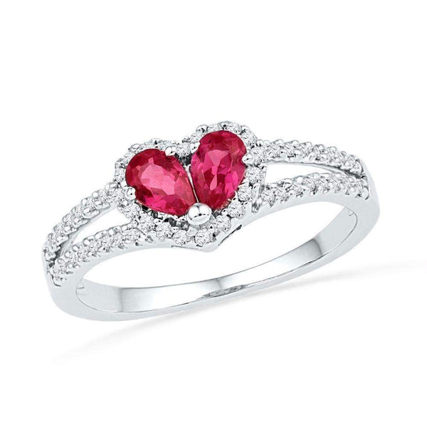 10kt White Gold Women's Pear Lab-Created Ruby Heart Split-shank Ring 3/4 Cttw - FREE Shipping (US/CAN)-Gold & Diamond Heart Rings-5-JadeMoghul Inc.