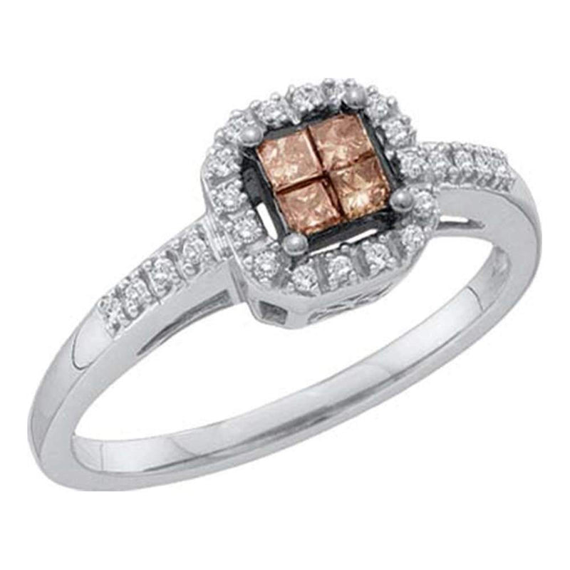 10kt White Gold Womens Princess Cognac-brown Color Enhanced Diamond Square Cluster Ring 1/4 Cttw-Gold & Diamond Fashion Rings-11-JadeMoghul Inc.