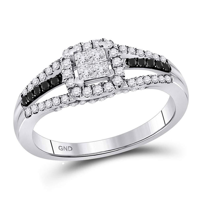10kt White Gold Women's Princess Diamond Cluster Split-shank Ring 5/8 Cttw-Gold & Diamond Rings-JadeMoghul Inc.