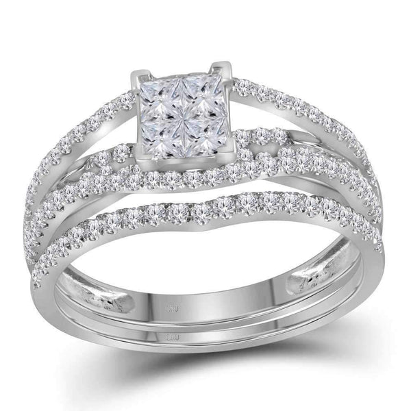 10kt White Gold Women's Princess Diamond Elevated Bridal Wedding Engagement Ring Band Set 1.00 Cttw - FREE Shipping (US/CAN)-Wedding Jewelry-JadeMoghul Inc.