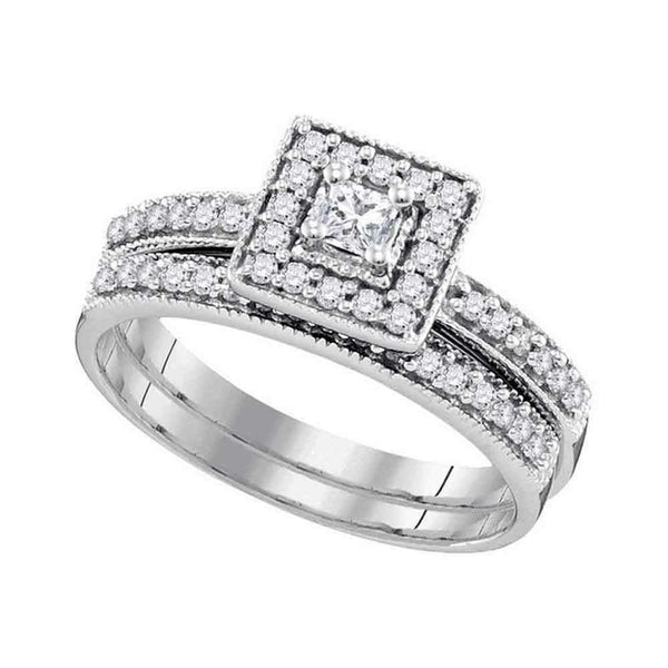 10kt White Gold Women's Princess Diamond Square Halo Bridal Wedding Engagement Ring Band Set 1/2 Cttw - FREE Shipping (US/CAN)-Gold & Diamond Wedding Ring Sets-5.5-JadeMoghul Inc.