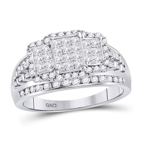 10kt White Gold Women's Princess Diamond Triple Cluster Ring 1.00 Cttw-Gold & Diamond Rings-JadeMoghul Inc.