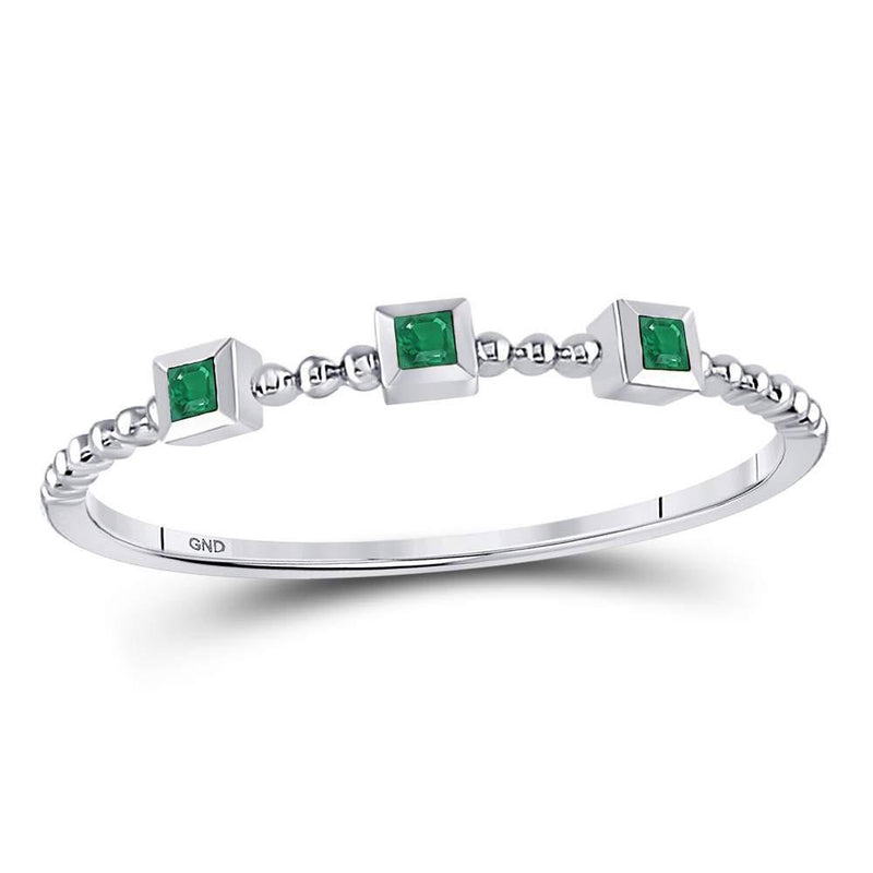 10kt White Gold Women's Princess Emerald Beaded 3-stone Stackable Band Ring .03 Cttw-Gold & Diamond Rings-JadeMoghul Inc.