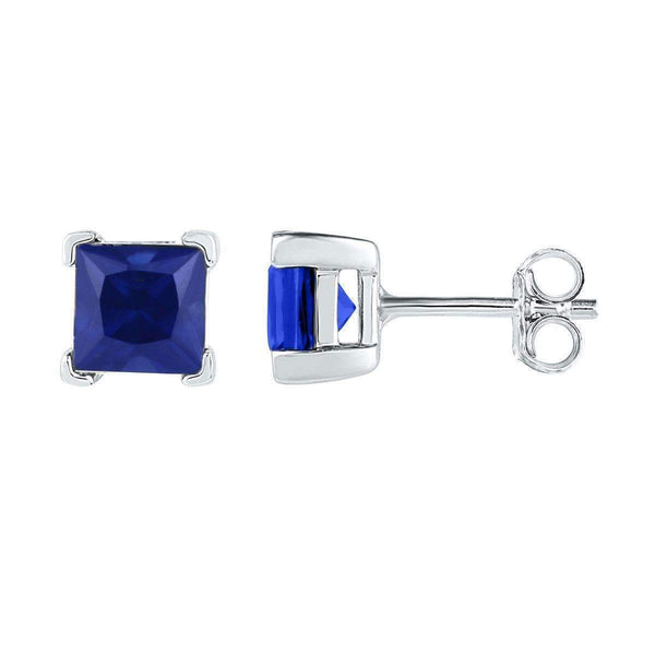 10kt White Gold Womens Princess Lab-Created Blue Sapphire Solitaire Stud Earrings 2.00 Cttw-Gold & Diamond Earrings-JadeMoghul Inc.