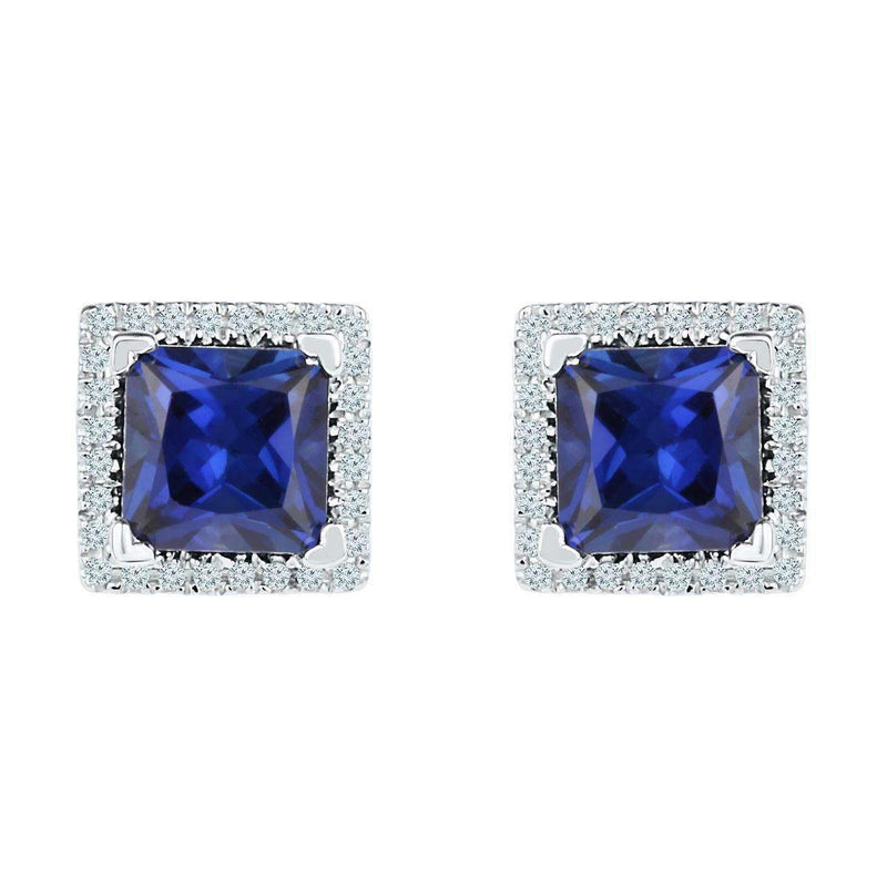 10kt White Gold Women's Princess Lab-Created Blue Sapphire Stud Earrings 2.00 Cttw - FREE Shipping (US/CAN)-Gold & Diamond Earrings-JadeMoghul Inc.