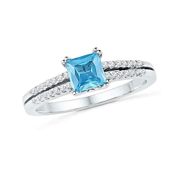 10kt White Gold Women's Princess Lab-Created Blue Topaz Solitaire Ring 5/8 Cttw - FREE Shipping (US/CAN)-Gold & Diamond Fashion Rings-5-JadeMoghul Inc.
