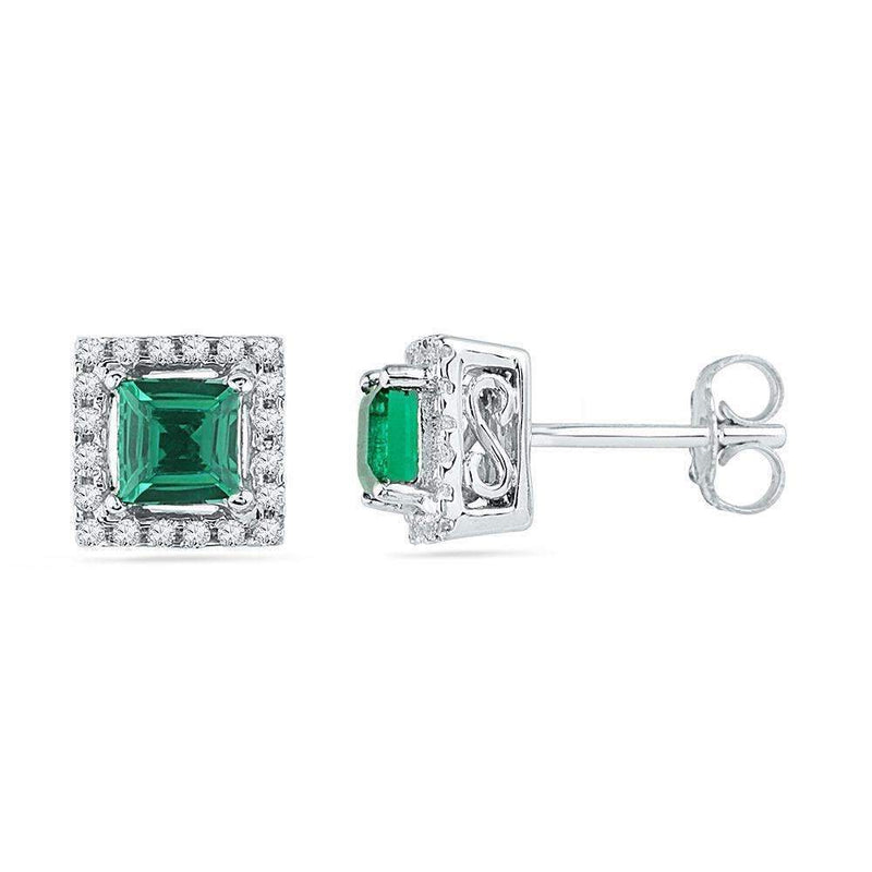 10kt White Gold Women's Princess Lab-Created Emerald Solitaire Diamond Stud Earrings 1-8 Cttw - FREE Shipping (US/CAN)-Gold & Diamond Earrings-JadeMoghul Inc.