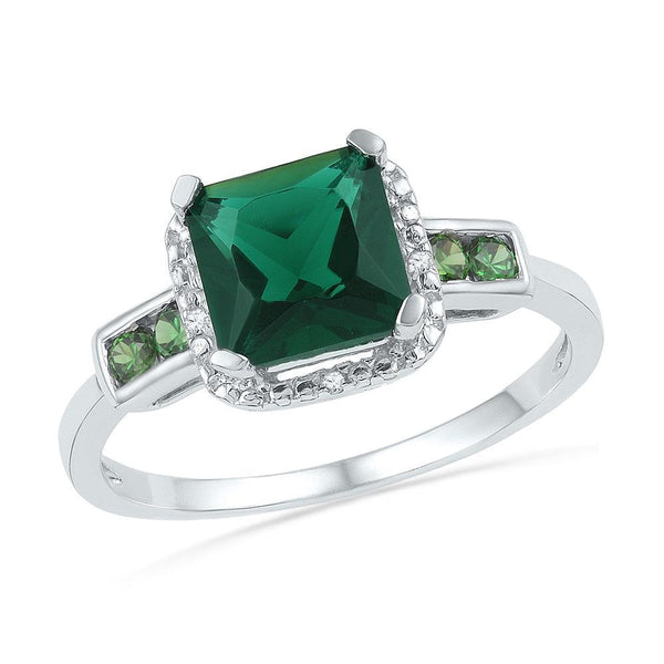 10kt White Gold Women's Princess Lab-Created Emerald Solitaire Ring 1/5 Cttw-Gold & Diamond Rings-JadeMoghul Inc.