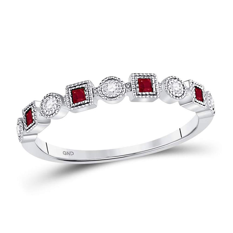 10kt White Gold Women's Princess Ruby Diamond Dot Milgrain Stackable Band Ring 1/8 Cttw-Gold & Diamond Rings-JadeMoghul Inc.