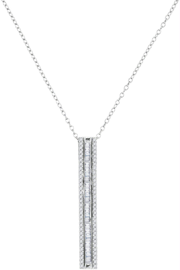 10kt White Gold Womens Round Baguette Diamond Vertical Bar Pendant 1-2 Cttw-Gold & Diamond Pendants & Necklaces-JadeMoghul Inc.