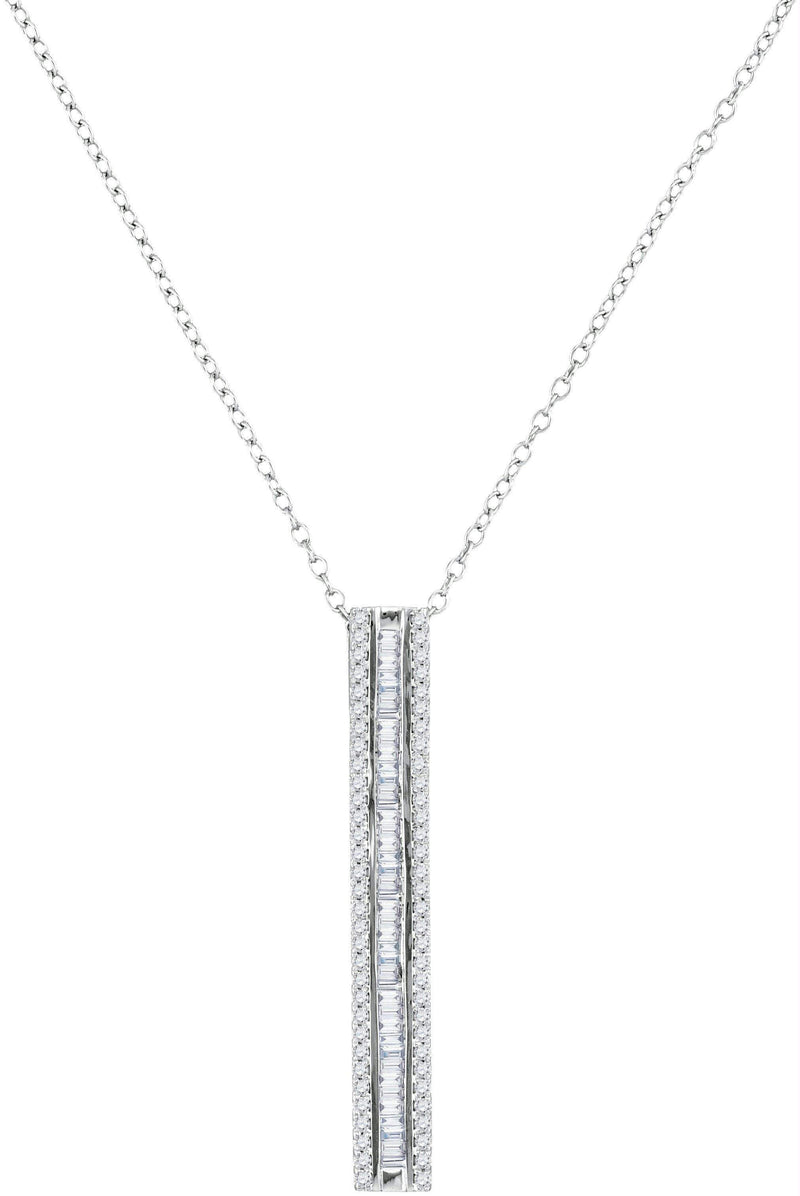 10kt White Gold Womens Round Baguette Diamond Vertical Bar Pendant 1-2 Cttw-Gold & Diamond Pendants & Necklaces-JadeMoghul Inc.