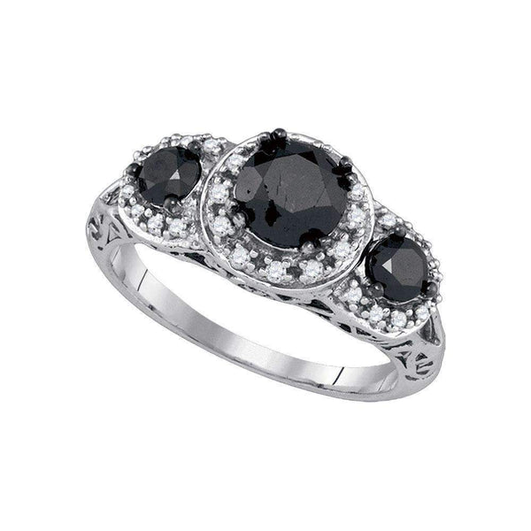 10kt White Gold Women's Round Black Color Enhanced Diamond 3-stone Bridal Wedding Engagement Ring 2.00 Cttw - FREE Shipping (US/CAN)-Gold & Diamond Engagement & Anniversary Rings-5-JadeMoghul Inc.