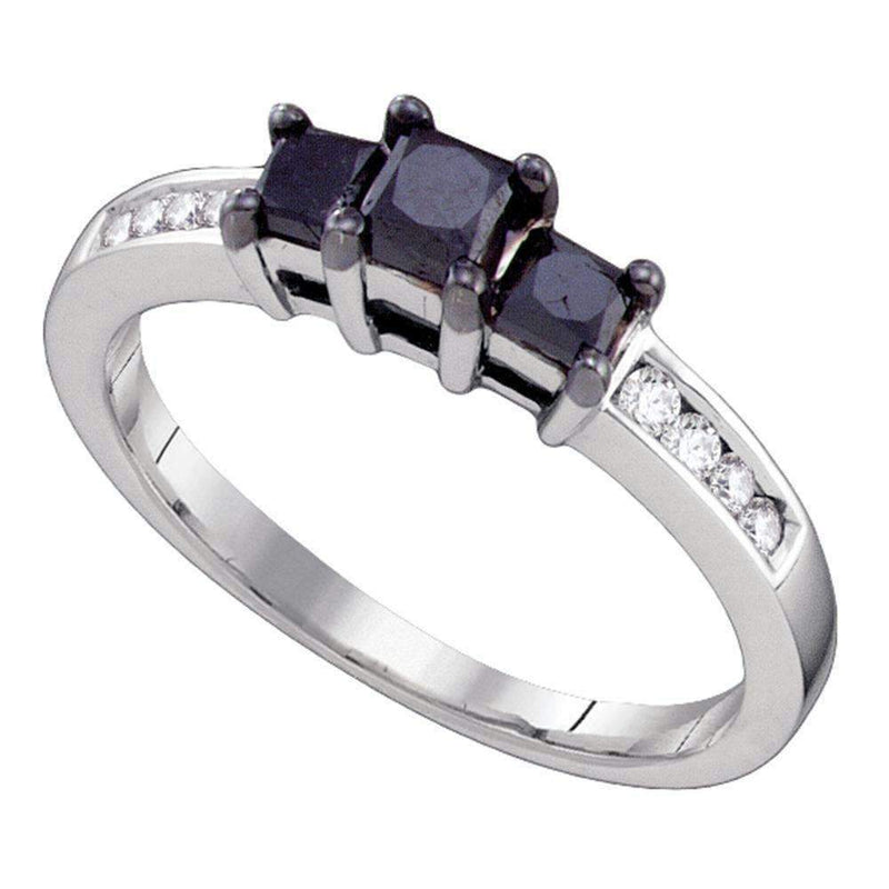 10kt White Gold Women's Round Black Color Enhanced Diamond 3-stone Bridal Wedding Engagement Ring 3/4 Cttw - FREE Shipping (USA/CAN)-Gold & Diamond Engagement & Anniversary Rings-5-JadeMoghul Inc.