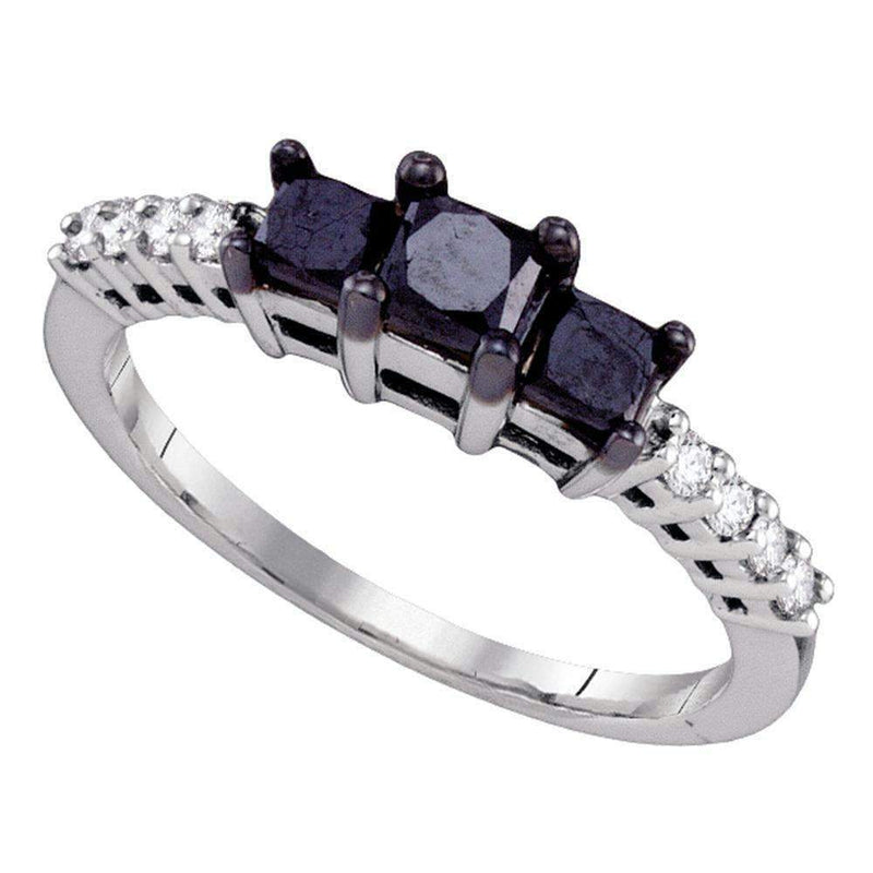 10kt White Gold Women's Round Black Color Enhanced Diamond 3-stone Bridal Wedding Engagement Ring 7/8 Cttw - FREE Shipping (USA/CAN)-Gold & Diamond Engagement & Anniversary Rings-5-JadeMoghul Inc.