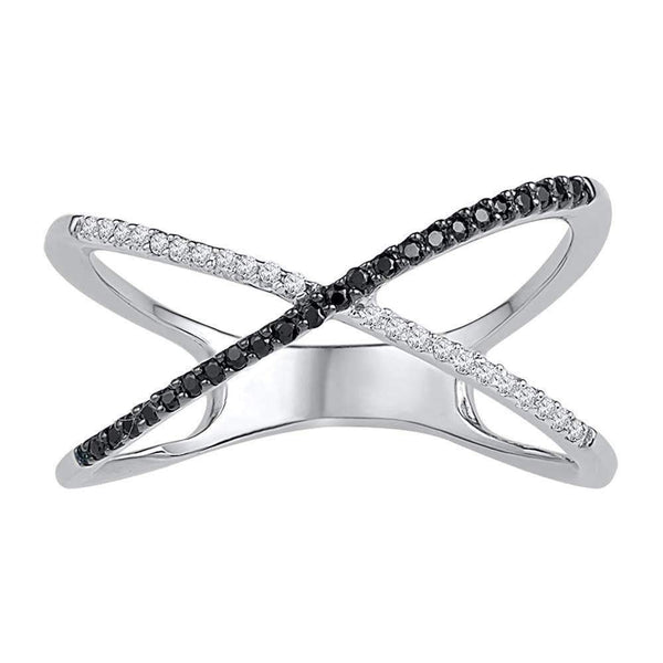 10kt White Gold Women's Round Black Color Enhanced Diamond Crossover Band Ring 1-6 Cttw - FREE Shipping (US/CAN)-Gold & Diamond Bands-JadeMoghul Inc.
