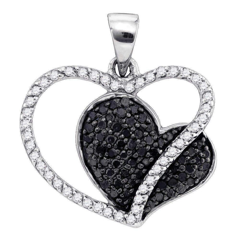 10kt White Gold Women's Round Black Color Enhanced Diamond Double Heart Love Pendant 3-8 Cttw - FREE Shipping (US/CAN)-Gold & Diamond Pendants & Necklaces-JadeMoghul Inc.