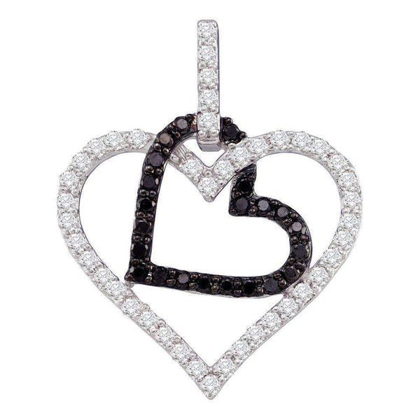 10kt White Gold Women's Round Black Color Enhanced Diamond Double Heart Pendant 1-2 Cttw - FREE Shipping (US/CAN)-Gold & Diamond Pendants & Necklaces-JadeMoghul Inc.