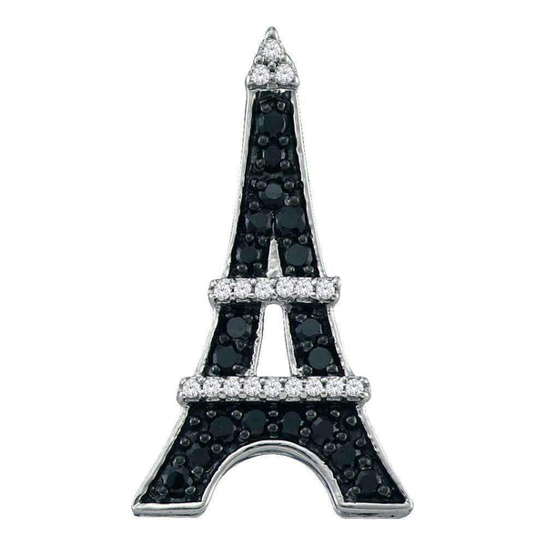 10kt White Gold Women's Round Black Color Enhanced Diamond Eiffel Tower France Pendant 1-3 Cttw - FREE Shipping (US/CAN)-Gold & Diamond Pendants & Necklaces-JadeMoghul Inc.