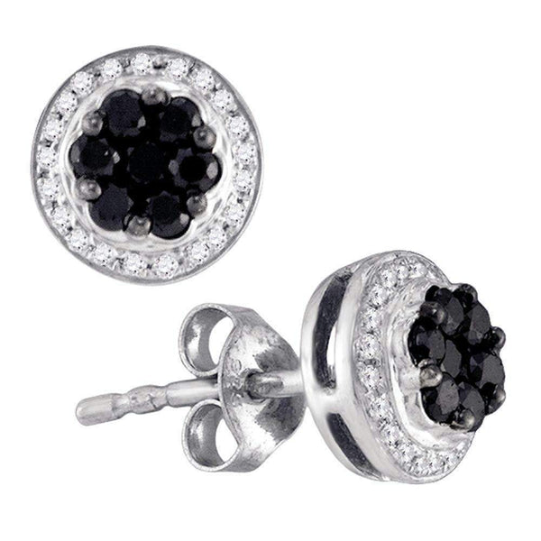 10kt White Gold Women's Round Black Color Enhanced Diamond Flower Cluster Earrings 1-2 Cttw - FREE Shipping (US/CAN)-Gold & Diamond Earrings-JadeMoghul Inc.