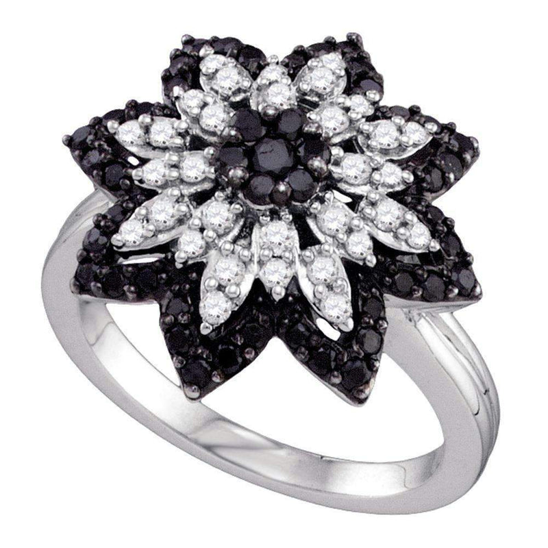 10kt White Gold Women's Round Black Color Enhanced Diamond Flower Cluster Ring 7/8 Cttw - FREE Shipping (US/CAN)-Gold & Diamond Fashion Rings-5-JadeMoghul Inc.